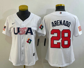 Women%27s USA Baseball #28 Nolan Arenado 2023 White World Classic Replica Stitched Jersey